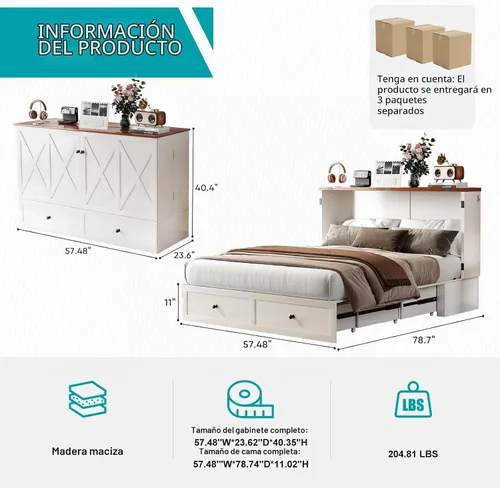 Vista 3 de BALUS Cama Murphy de tamaño matrimonial con colchón incluido, cama Murphy de 57 pulgadas de ancho con estación de carga USB y 2 cajones