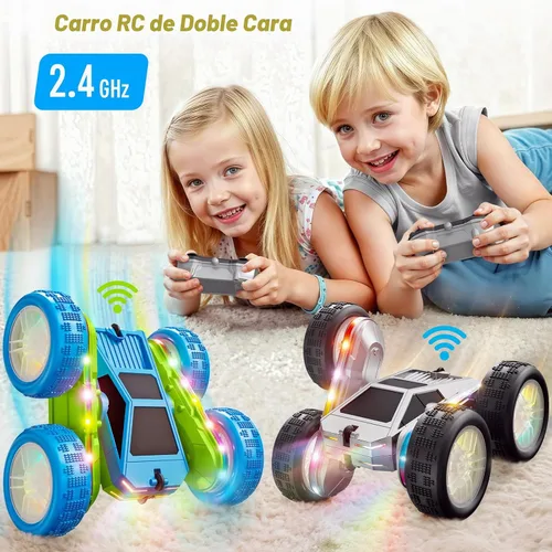 Vista 4 de Auto a control remoto, auto de acrobacias RC de 360° con rotación y giros con carga USB-C, batería modular, 4WD, autos RC con tiras de luces LED