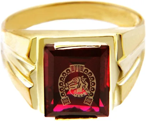 Vista 2 de Herradura de piedra CZ de granate rojo de oro amarillo de 10 quilates con anillo de cabeza de caballo