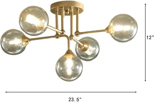 Vista 2 de RUNNUP Esfera de cristal transparente semi empotrada iluminación moderna 5 luces cerca de la lámpara de techo para dormitorio, pasillo, cocina y Oro