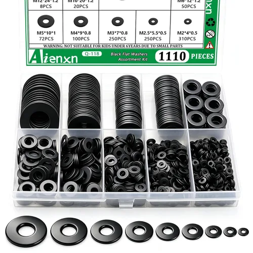 Vista 14 de Kit de surtido de 550 piezas de arandelas planas, 12 tamaños SAE - 1/2, 7/16, 3/8, 5/16, 1/4, 3/16, 12#, 10#, 8#, 6#, 4#, 2#, (18-8) arandelas de SS