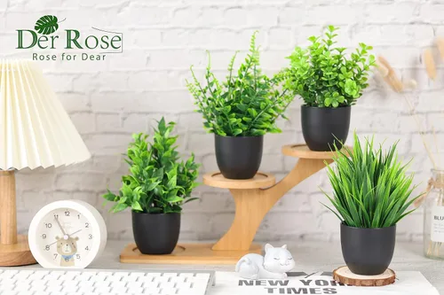 Vista 2 de Der Rose Paquete de 4 plantas falsas en maceta negra y suculentas falsas en macetas para baño, hogar, oficina, decoración de mesa para interiores