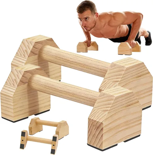 Vista 8 de Soporte de flexión, 2 barras de madera para flexiones, base antideslizante, equipo de entrenamiento en casa, paraletas de madera, soporte de mango