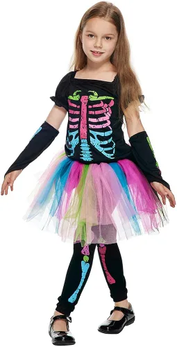Vista 3 de Snailify Disfraz de calavera colorida para niñas, bonito vestido de Halloween para fiesta de cosplay
