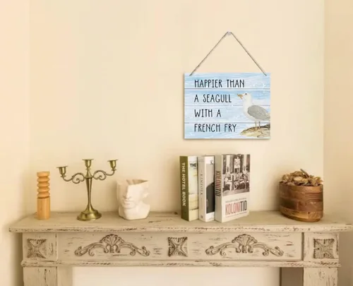 Vista 2 de Letrero Decorativo "Happier Than a Seagull with a French Fry", Placa de Pared Colgante Impresa, Letreros de Madera, Regalo de Decoración del Hogar
