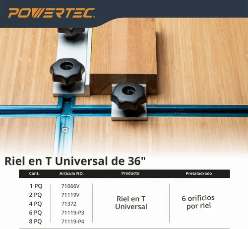 Vista 9 de Powertec - Perfil en T universal de doble corte con agujeros de montaje pretaladrados