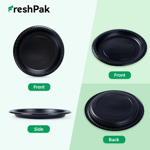 Vista 3 de Paquete de 150 platos de plástico negro de 9 pulgadas, envoltura retráctil, listos para usar Heavy Duty BPA Free Mineral Filled PP Microwave &