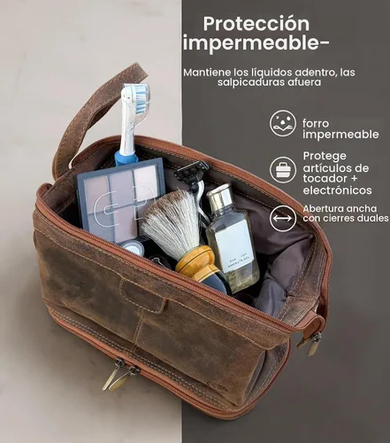 Vista 4 de Neceser de cuero para hombre - Kit Dopp para viajes, afeitado, viajes nocturnos, Marrón, M