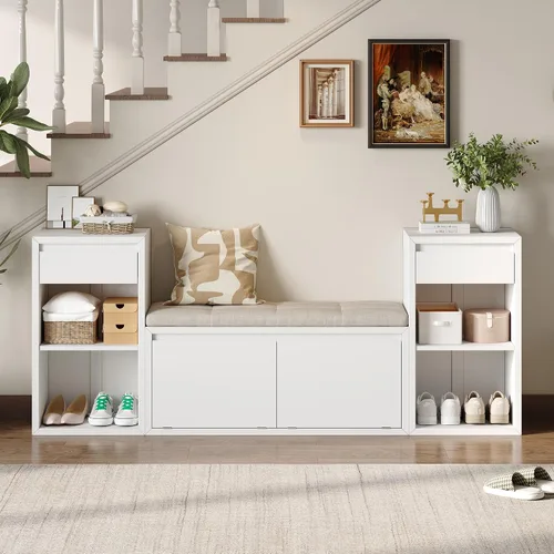 Vista 10 de SOFTSEA Banco de Almacenamiento Tapizado, Otomana de Almacenamiento con Cesta Removible y 2 Cajones, Banco de Zapatos de Estilo Granja con Cojín