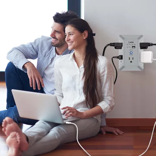 Vista 10 de Extensor de tomacorriente, protector de sobretensiones con 5 enchufes múltiples y 4 puertos USB (2 USB C), cargador de pared de regleta