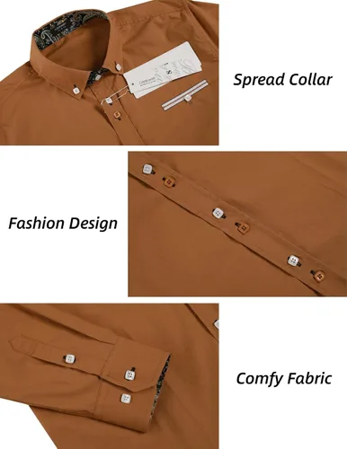 Vista 5 de COOFANDY Camisa de vestir para hombre, manga larga, casual, con botones, de cachemira, para fiesta, boda, vestido Marrón