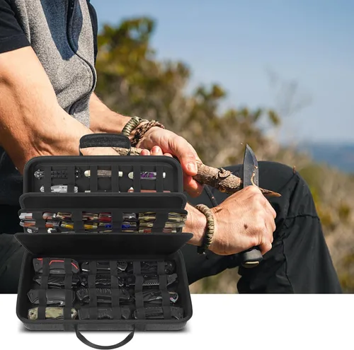 Vista 8 de Estuche de exhibición de cuchillos para más de 64 cuchillos de bolsillo, fundas plegables para cuchillos para colecciones, soporte de bolsa