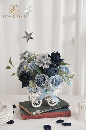 Vista 4 de TINGE TIME - Flores artificiales, 25 piezas, rosas azules degradado de aspecto real con tallo para manualidades, ramos de novia, centros de mesa