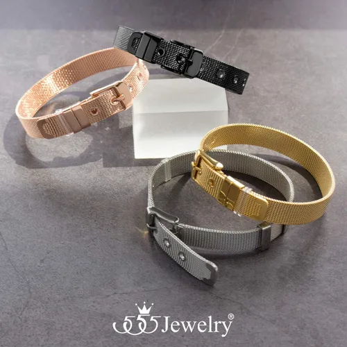Vista 5 de 555Jewelry Pulsera de malla con hebilla de cinturón ajustable de acero inoxidable para mujer