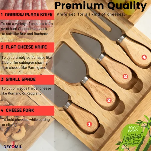 Vista 4 de DECOMIL - Juego de tabla de queso y cuchillos de bambú, juego de charcutería, tabla de queso y cubiertos, tabla de cortar queso, % 100% bambú