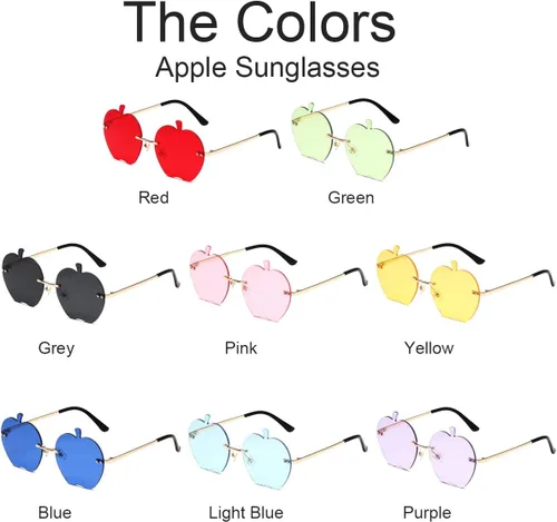 Vista 6 de JOVAKIT Gafas de sol en forma de manzana para mujeres y hombres, gafas de sol retro sin montura para fiesta rave, gafas de Halloween (doradoamarillo)