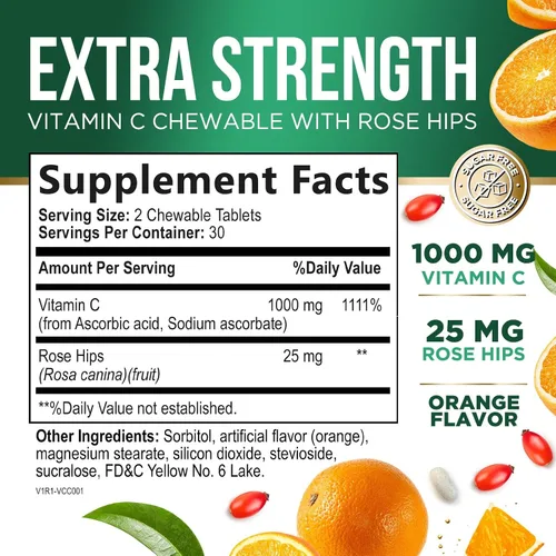 Vista 2 de Vitamin C 1000mg Per Serving Chewable - Sugar Free - Extra Strength Antioxidants - Natural Immune Support Supplement with Vitamin C & Rose Hips