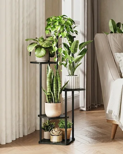 Vista 13 de GENTINGBRO Soporte alto para plantas de interior de 4 niveles para múltiples plantas, soporte de madera para plantas, estante de madera, estantería