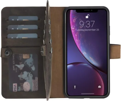 Vista 67 de HARDISTON Funda de piel auténtica de alta calidad hecha a mano para iPhone 7/8 / SE doble folio tarjetero - Funda magnética desmontable - Soporte