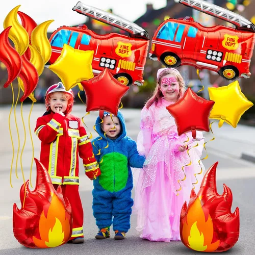 Vista 6 de Juego de 18 globos de camión de bomberos, decoraciones de fiesta de cumpleaños de bomberos con camión de bomberos, globos de estrella de llama