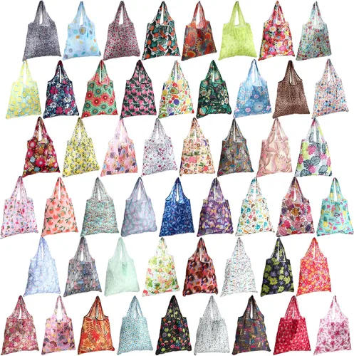 Vista 10 de Paterr Paquete de 50 bolsas de comestibles reutilizables plegables, bolsas de compras lavables a granel con bolsa de transporte para comestibles