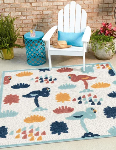 Vista 10 de Unique Loom Belize Outdoor Collection - Alfombra de área Moho (2 pies x 3 pies 1 pulgada, rectangular, blanco/azul marino)