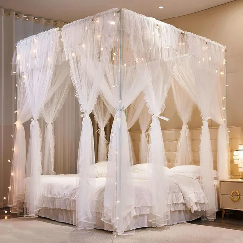 Vista 2 de AIOOO Cortinas de princesa de 4 esquinas para niñas, 8 paneles, cortinas de malla transparente de doble capa, decoración de habitación de niñas