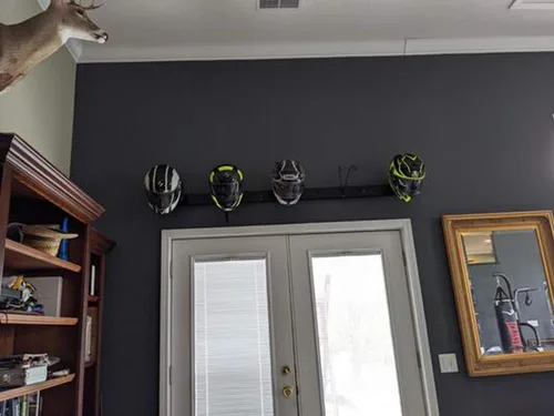 Vista 4 de Diseño profesional – Estante de almacenamiento para casco montado en la pared para motocicleta, hockey, equitación, béisbol, bate/casco de fuego