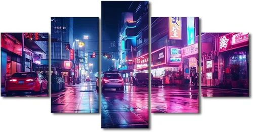 Vista 114 de Póster de 5 paneles en lienzo para decoración de pared, diseño de centro urbano Cyberpunk, impresión moderna, decoración de pared para el hogar