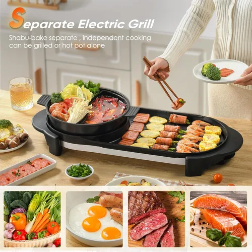 Vista 11 de Olla caliente eléctrica 2 en 1 sin humo con parrilla, olla caliente extraíble de 2200W, combo de barbacoa coreana y Shabu para interior, sartén