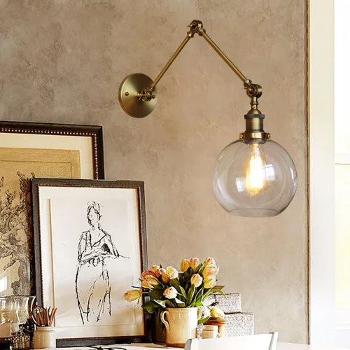 Vista 9 de Iluminación industrial estilo vintage 1 luz apliques de pared ajustable brazo oscilante aplique de pared con pantalla de globo transparente