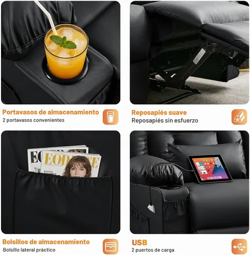 Vista 7 de HRVEOCEI Sofá reclinable de cuero negro con masaje/calor, sofá reclinable
