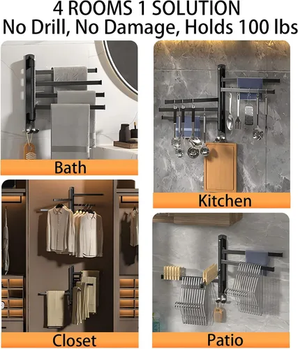 Vista 2 de Toalleros giratorios para baño/cocina, montado en la pared, sin taladro, toallero resistente con barra múltiple, barra de toalla de acero inoxidable