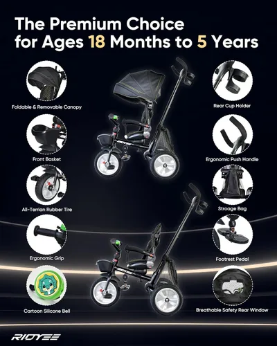 Vista 7 de RIDYEE 7-en-1 Triciclo plegable para niños pequeños de 18 meses a 5 años, cochecito triciclo con frenos duales, neumático de goma todo terreno