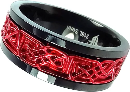 Vista 3 de Anillo giratorio vikingo rojo de acero inoxidable negro para hombres y mujeres, banda nórdica celta antiansiedad, tallas 5-17