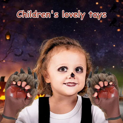 Vista 2 de Guantes de Halloween con garras de lobo peludo de animales de la pata de la bestia de las manos de la bestia para los favores de la fiesta