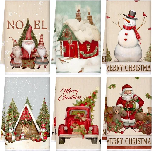 Vista 12 de Sratte 6 piezas de toallas de cocina navideñas, toallas de mano de muñecos de nieve de invierno, toallas absorbentes de árbol de Navidad y renos