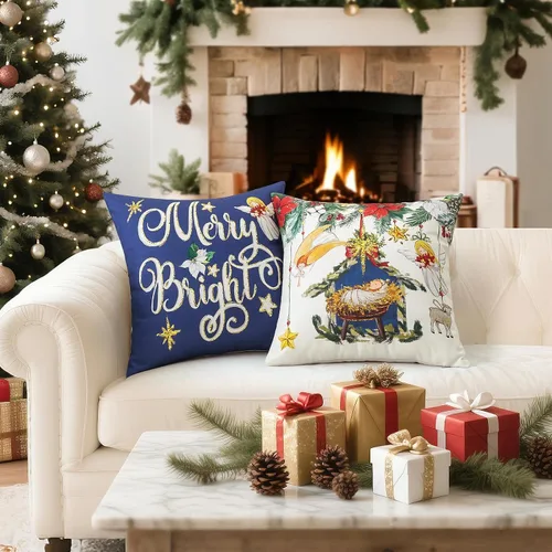 Vista 5 de Artscope Juego de 4 fundas de almohada de Navidad Oh Holy Night Merry Bright Corona de Jesús de 16 x 16 pulgadas, fundas de almohada para decoración