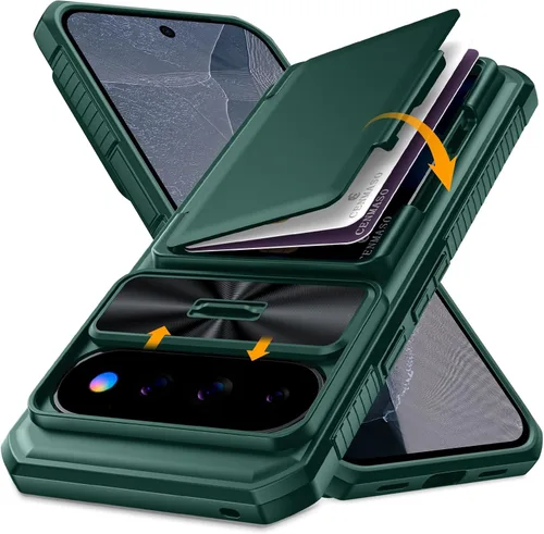 Vista 17 de CENMASO - Funda para Google Pixel 9 Pro XL con tarjetero (4 tarjetas), funda deslizante para cámara y función atril, bloqueo RFID, protección