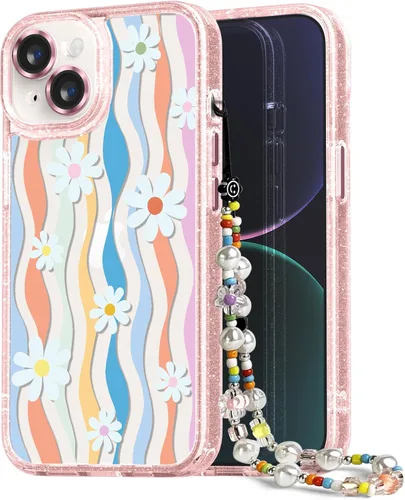Vista 113 de Compatible para iPhone 13 Funda Bonita Estética - Funda para Teléfono Rosa con Purpurina con Protector de Cámara - Diseño de Cubierta
