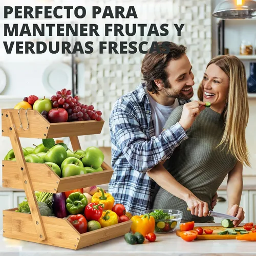 Vista 2 de KOMFORA Cesta de frutas de bambú de 3 niveles – Cesta de productos premium para cocina con 2 ganchos – Soporte duradero y fácil de montar