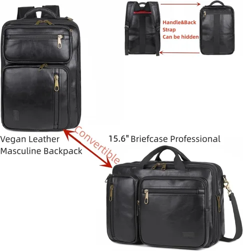 Vista 2 de Mochila de cuero vegano para laptop, maletín híbrido, mochila de viaje para laptop de 15.6 pulgadas, mochila de senderismo, mochila universitaria