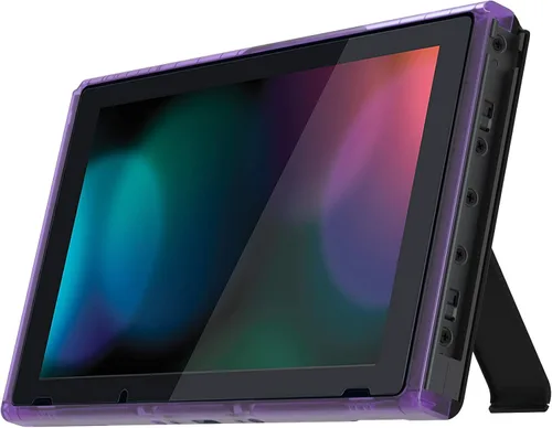 Vista 4 de eXtremeRate Carcasa de repuesto para consola Nintendo Switch con función atril, color morado atómico, transparente, carcasa para consola Nintendo