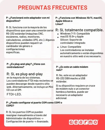 Vista 7 de Gearmo Adaptador USB a serie RS-232 con indicadores LED, chipset FTDI, compatible con Windows 11/10/8.1/8/7, Mac OS X 10.6 y superior