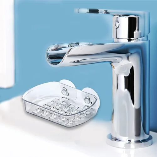 Vista 5 de Estuche para jabón, soporte con ventosas, 5.25 pulgadas de largo, plástico acrílico transparente, jabón en barra, esponja, recipiente para artículos