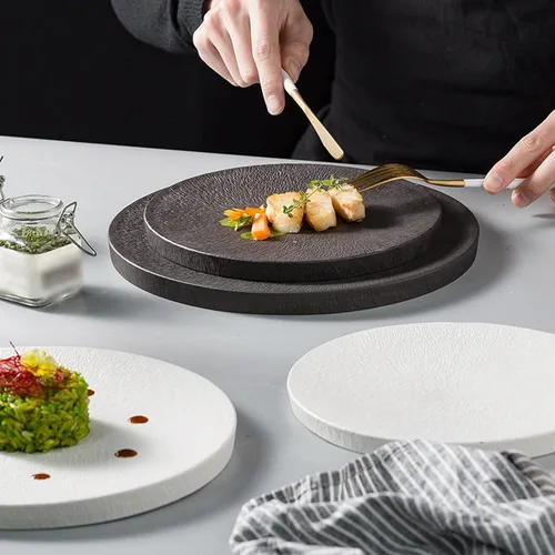 Vista 4 de Plato de servicio creativo para carne, plato de comida occidental, plato de comedor para el hogar, plato comercial para el hogar, restaurante Negro