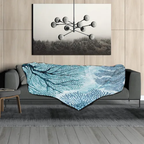 Vista 4 de Manta náutica costera, acuarela, verde azulado, azul, coral, manta de franela suave con temática oceánica, manta decorativa ligera para sofá