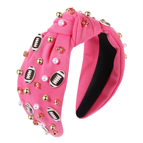 Vista 11 de Diadema de fútbol para mamá, accesorios de perlas con diamantes de imitación anudados, banda ancha para el pelo negra, diadema de nudo superior