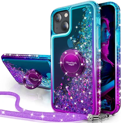 Vista 12 de Silverback - Funda para iPhone 13 con soporte de anillo, color dorado transparente Moving Liquid Holographic Sparkle Glitter, Kickstand, Bling