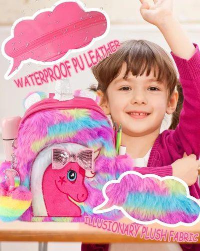 Vista 3 de LSSAGOON Mochila de felpa de unicornio para niñas, bonita bolsa de libro escolar de piel sintética suave, mochilas Kawaii esponjosas para niños.